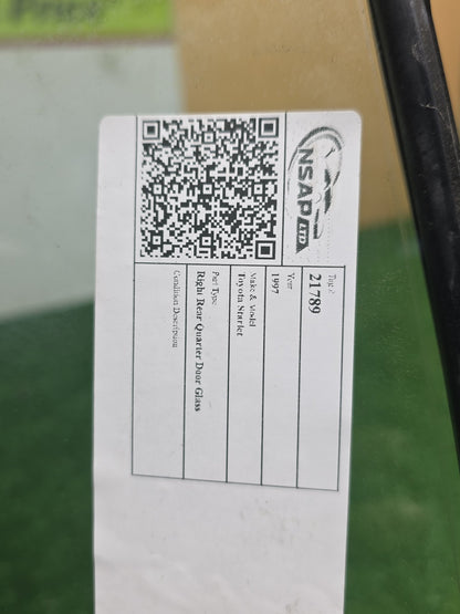 Mar 1996 to Sep 1999 - Used Toyota Starlet EP91 - Right Rear Quarter Door Glass PN: 68123-10180